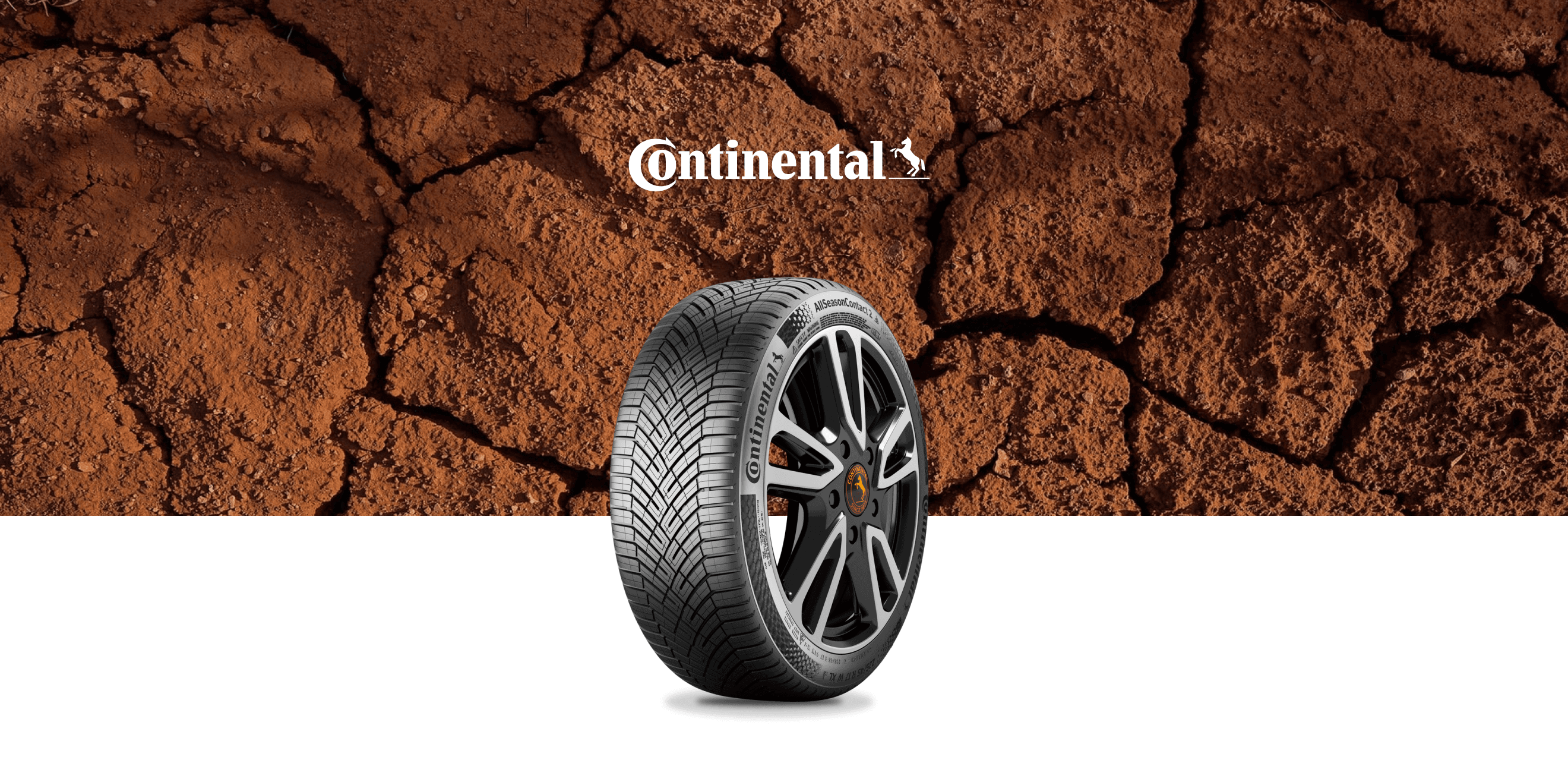 A new Continental tire is presented in the center against a cracked, dry soil background. The tire has distinct tread patterns and the Continental logo on its sidewall. The brand's name and logo are also displayed at the top of the image.