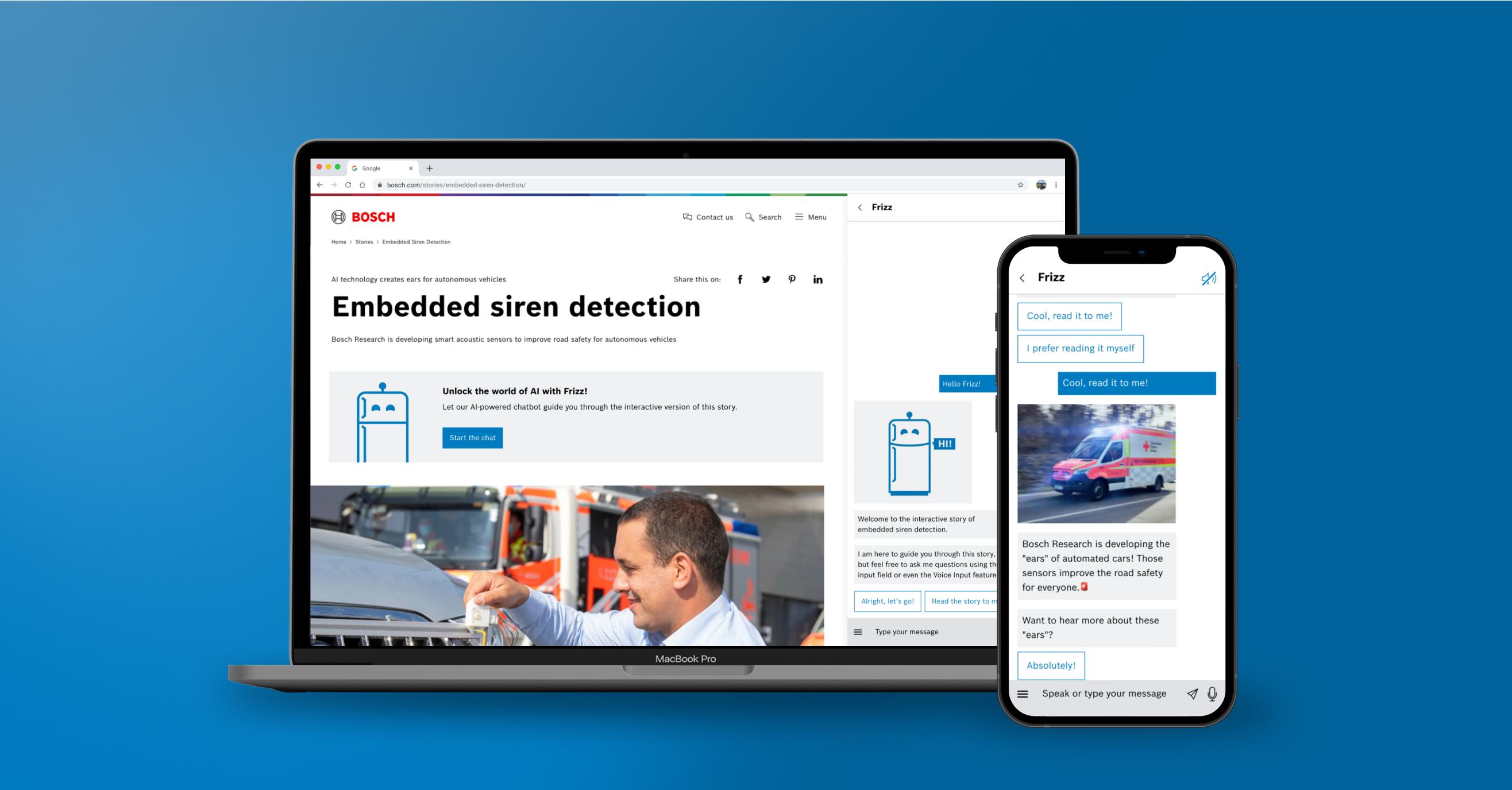 the bosch website in a dekstop and a mobile mockup on blue background