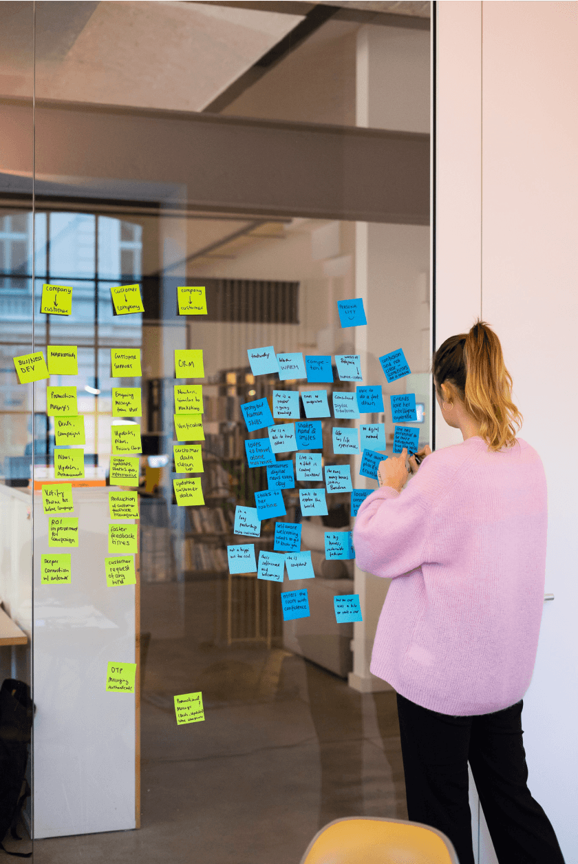 a wall full with green and blue post its