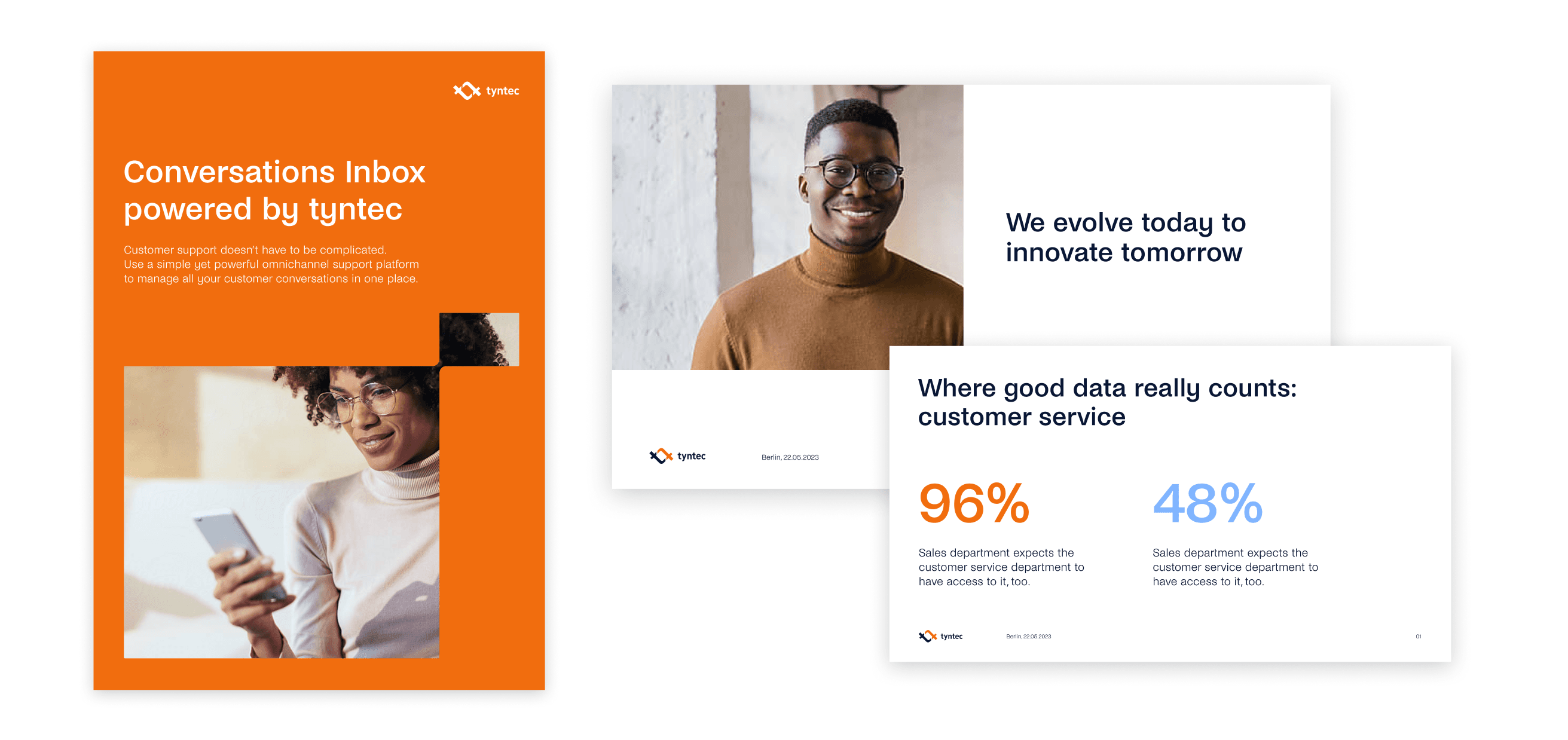 three examples of white papers and powerpoint slides in the new design