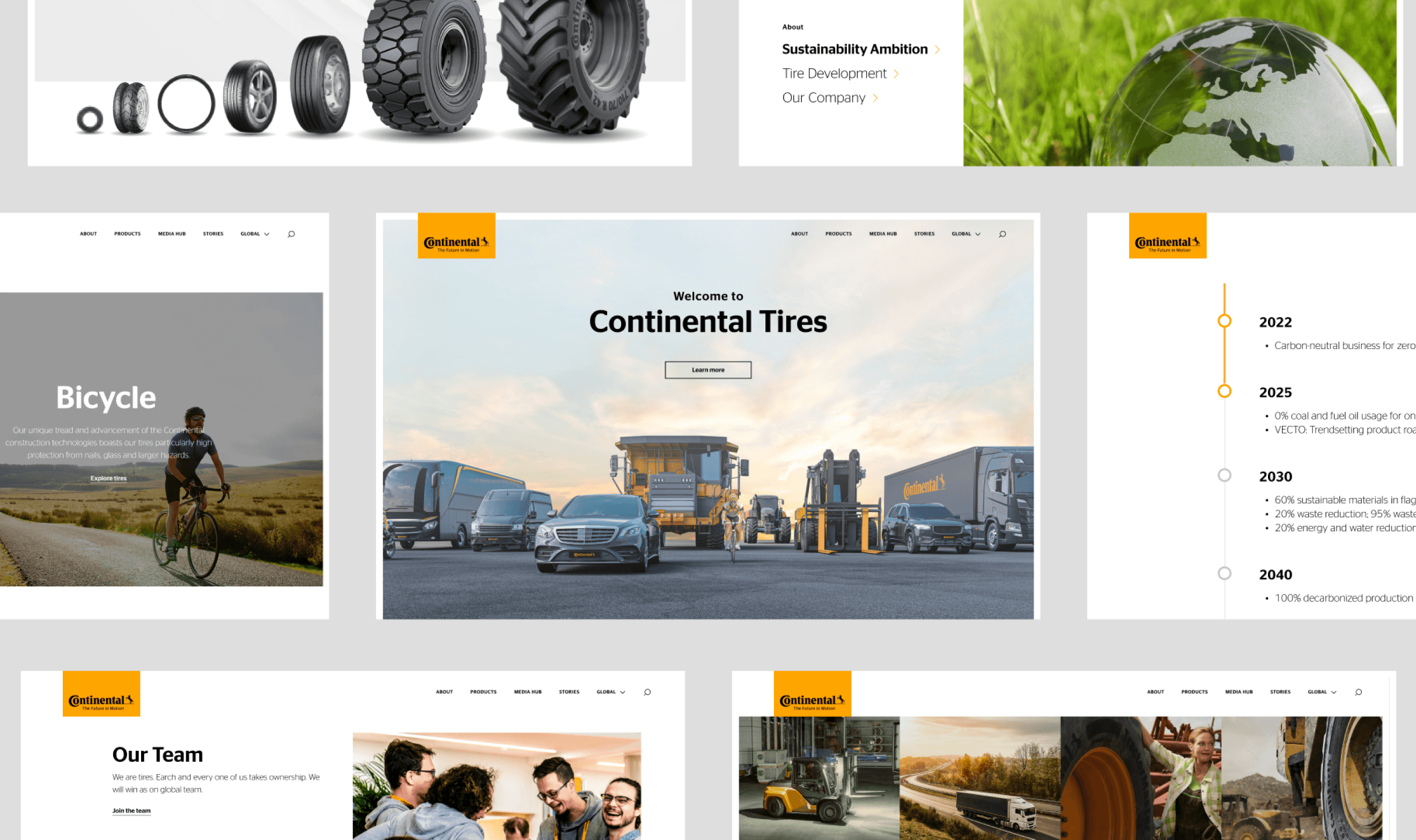 The image features a collection of website sections for Continental Tires, including product displays, a sustainability timeline, a welcoming message, and images depicting bicycles, commercial vehicles, and team members.