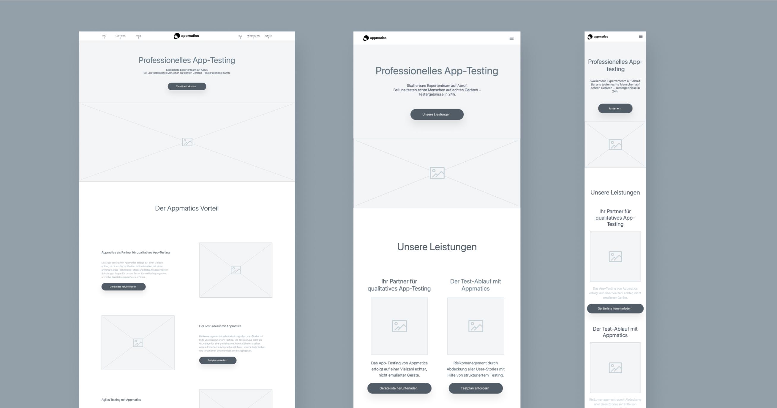 wireframes in desktop, tablet and mobile